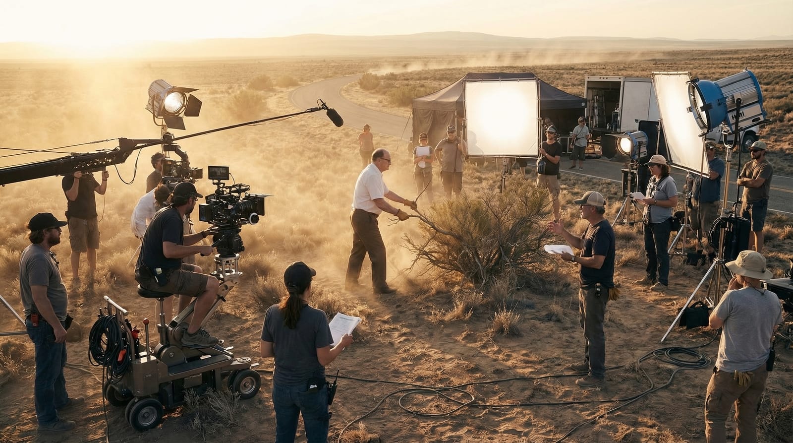 A film crew in the desert