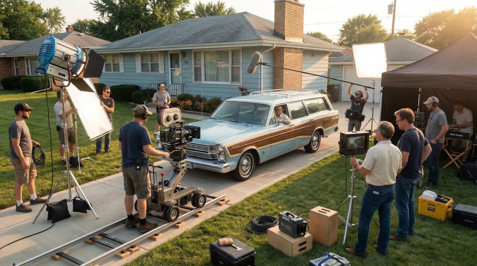 A film crew on the suburban street