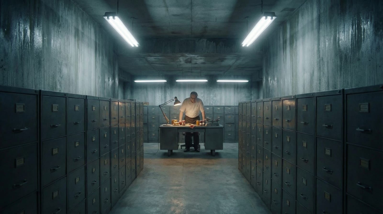 Bob alone at the far end of the laboratory