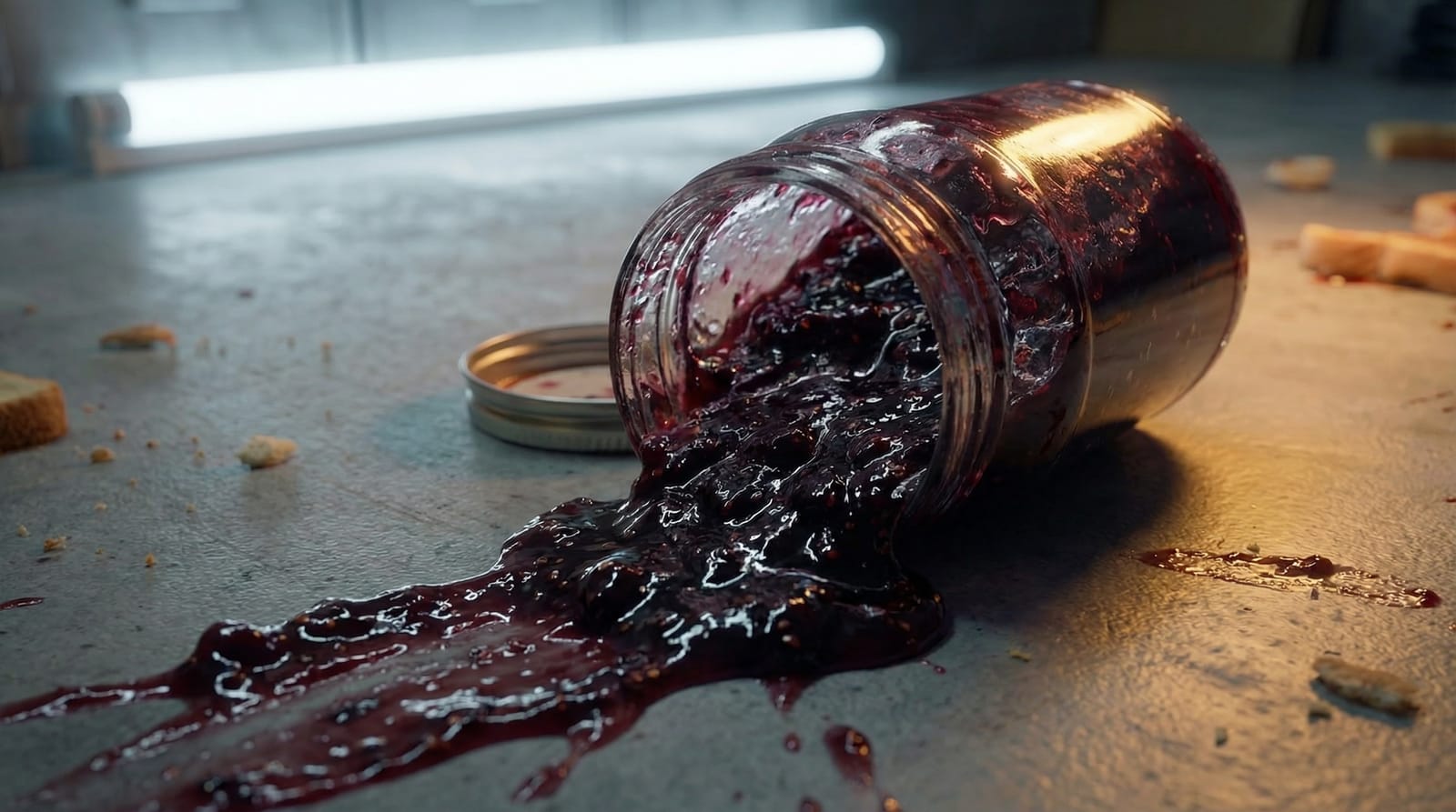 A spilled jar of jam