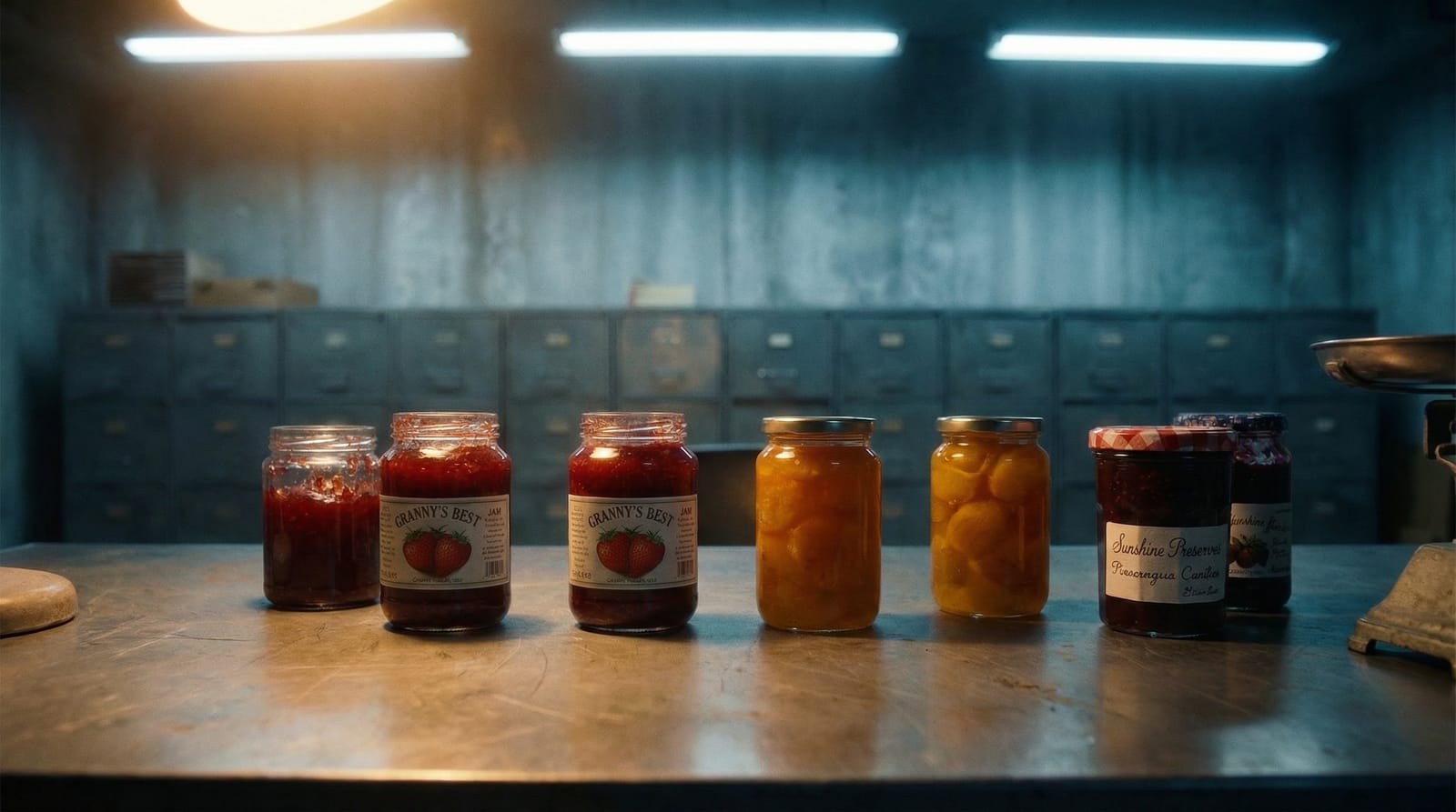 Marmalade jars lined up like specimens