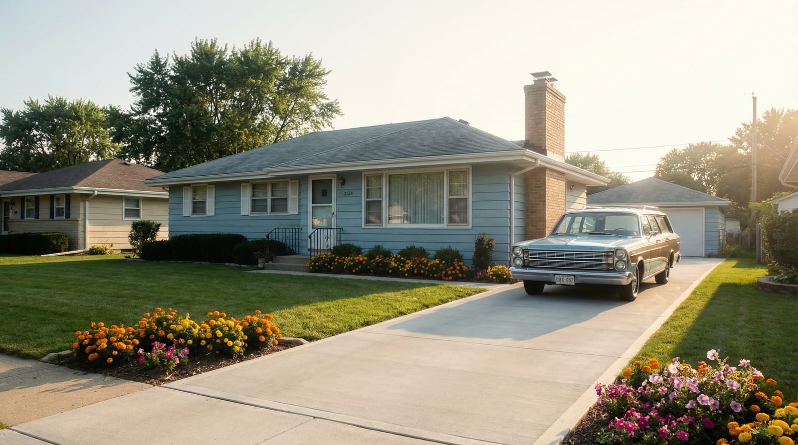 The blue sedan in the driveway