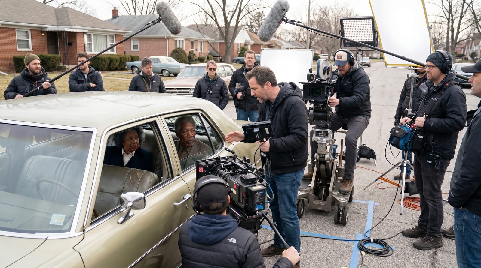 Film crew shooting inside the car