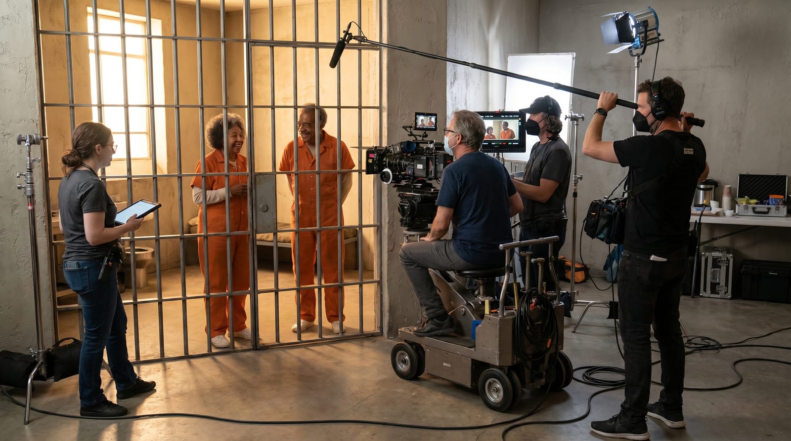 Film crew shooting the holding cell scene