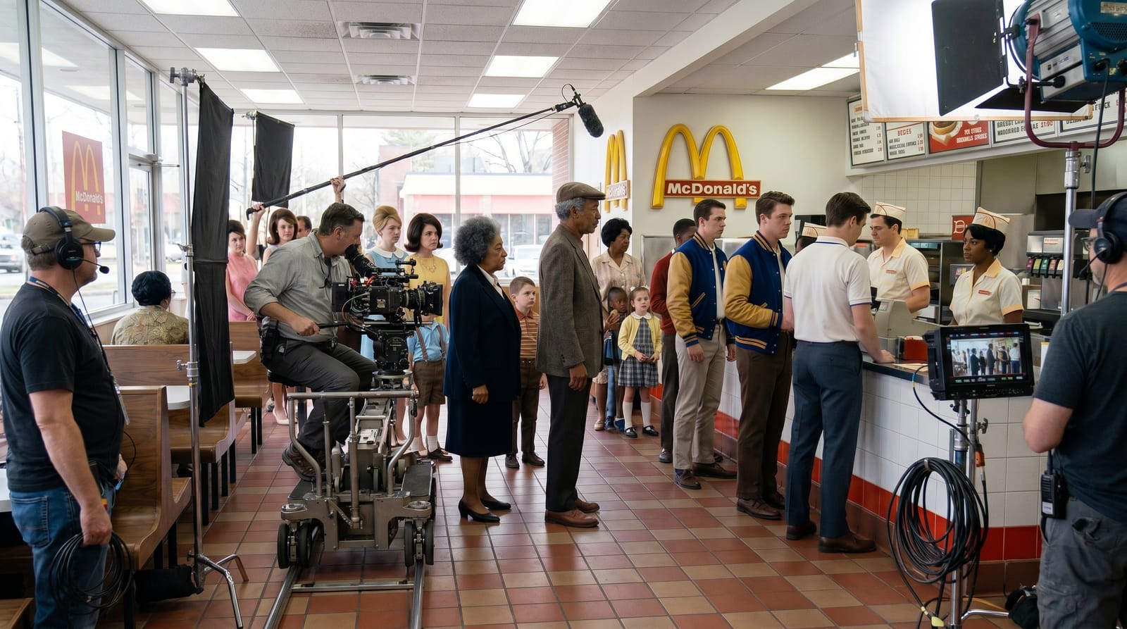 Film crew and background artists at the counter