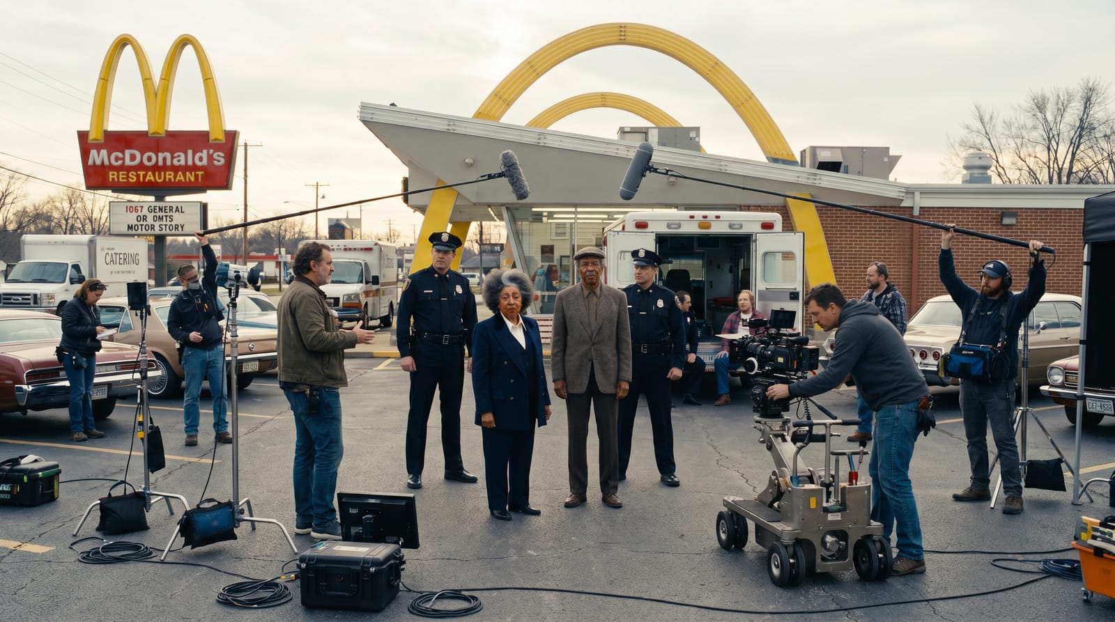 Film crew shooting the exterior with police and ambulance