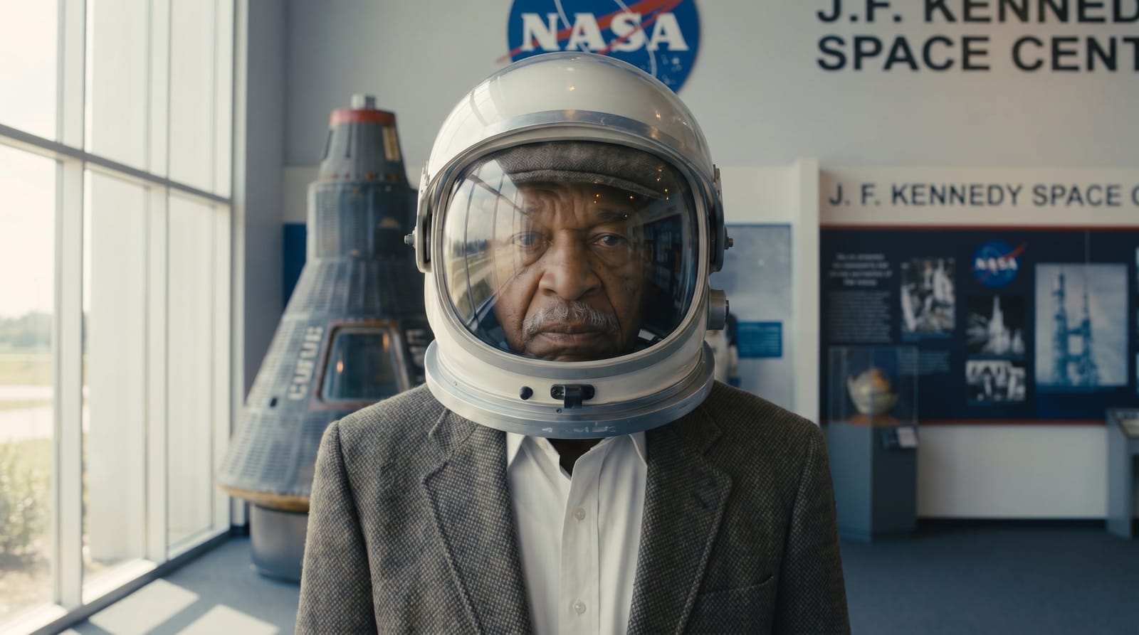 James wearing a NASA helmet