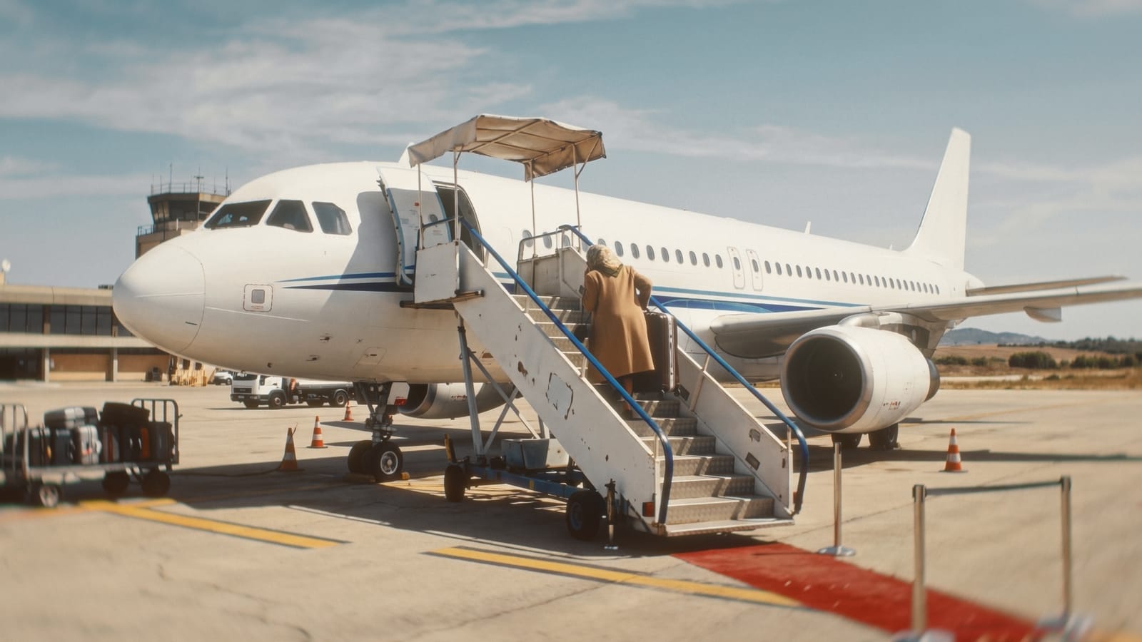 An aircraft on the tarmac with boarding stairs