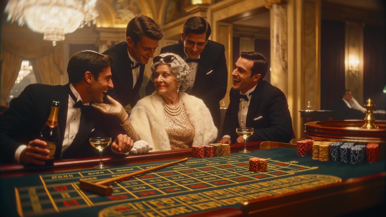 Rosa at the roulette table surrounded by men in dinner jackets